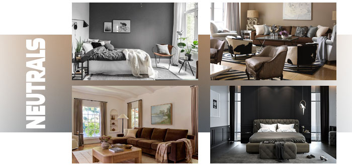a graphic showing four neutral toned room designs