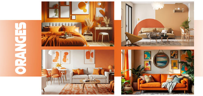 a graphic showing four orange room designs