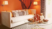 a room decorated in orange